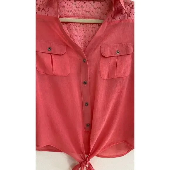Womens Orange Sheer Tie Front Button Up Lace Back in size Medium - Picture 3 of 7